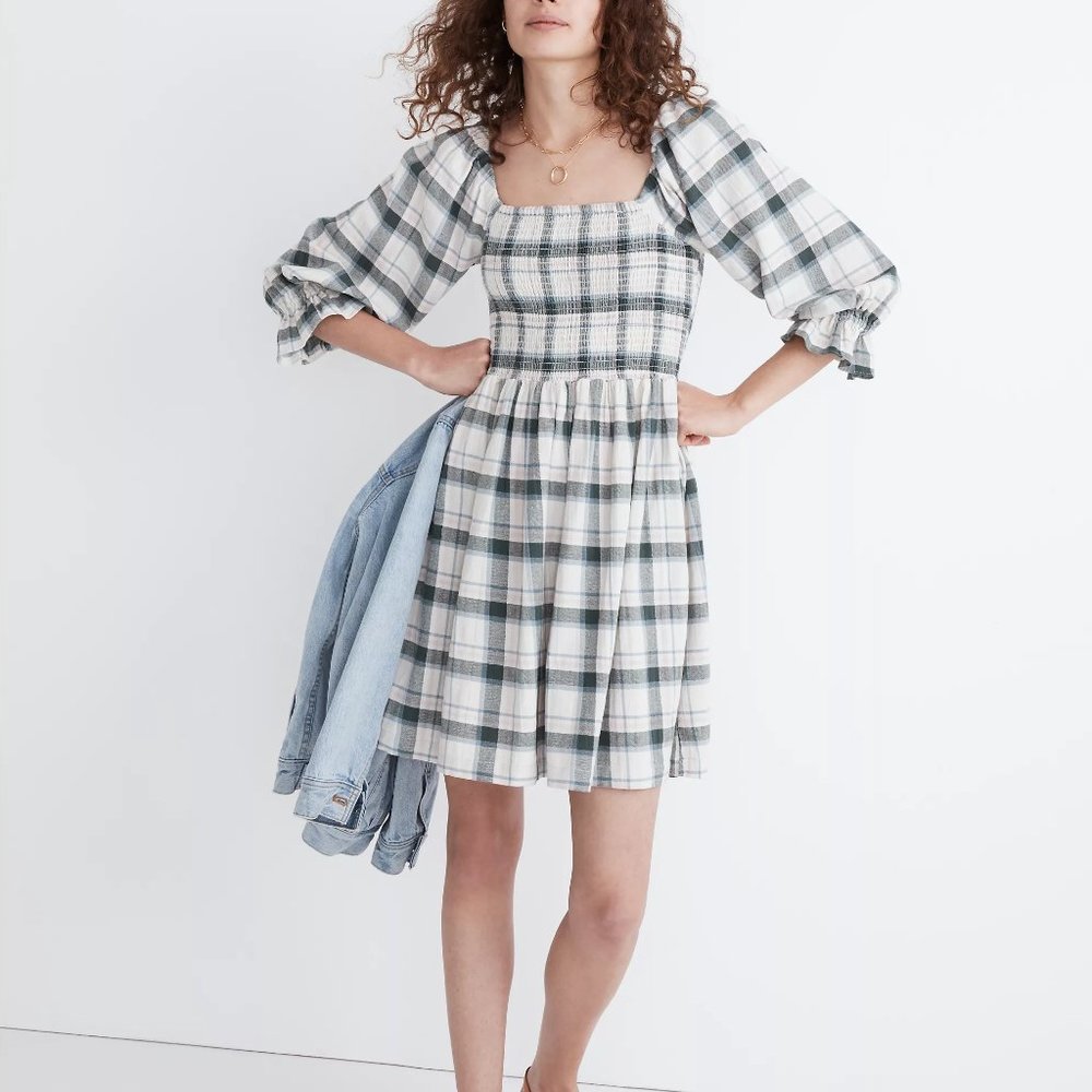 Madewell Lucie Smocked Mini Peasant Dress (Lebaum Plaid) Small